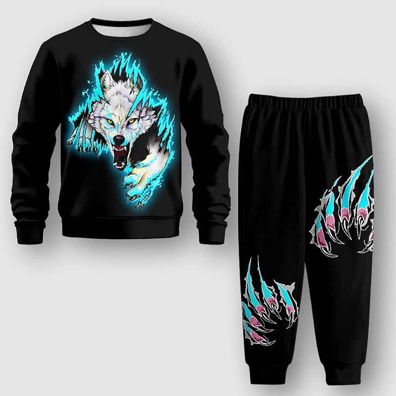 Boys 3D Wolf Sweatshirt & Sweatpants Set Set Long Sleeve 3D Printing Fall Winter Active Fashion Cool Kids 3-12 Years Crew Neck Outdoor Vacation Street Regular Fit3