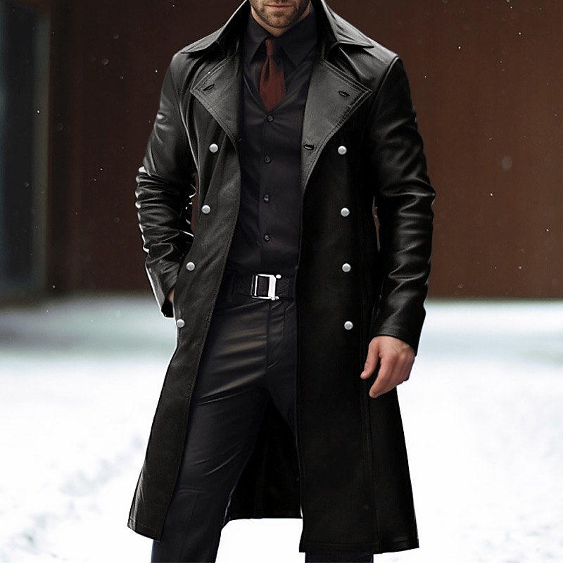 Men's Faux Leather Jacket Winter Coat Transition Jacket Peacoat Trench Coat Office & Career Daily Wear Winter PU Thermal Warm Windproof Outerwear Clothing Apparel Fashion Warm Ups Plain Pocket Lapel4