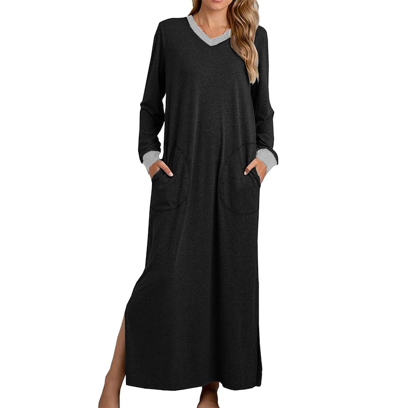 Women's Pajamas Nightgown Nightshirt Dress Patchwork Simple Casual Soft Home Daily Bed Spandex Warm Breathable V Wire Long Sleeve Pocket Summer Spring Home Outfits3