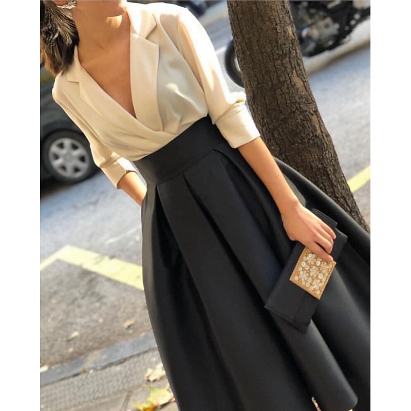 A-Line Evening Gown Elegant Dress Tuxedo Dress Wedding Black Tie Floor Length Long Sleeve V Neck Fall Wedding Guest Satin with Ruched Pocket