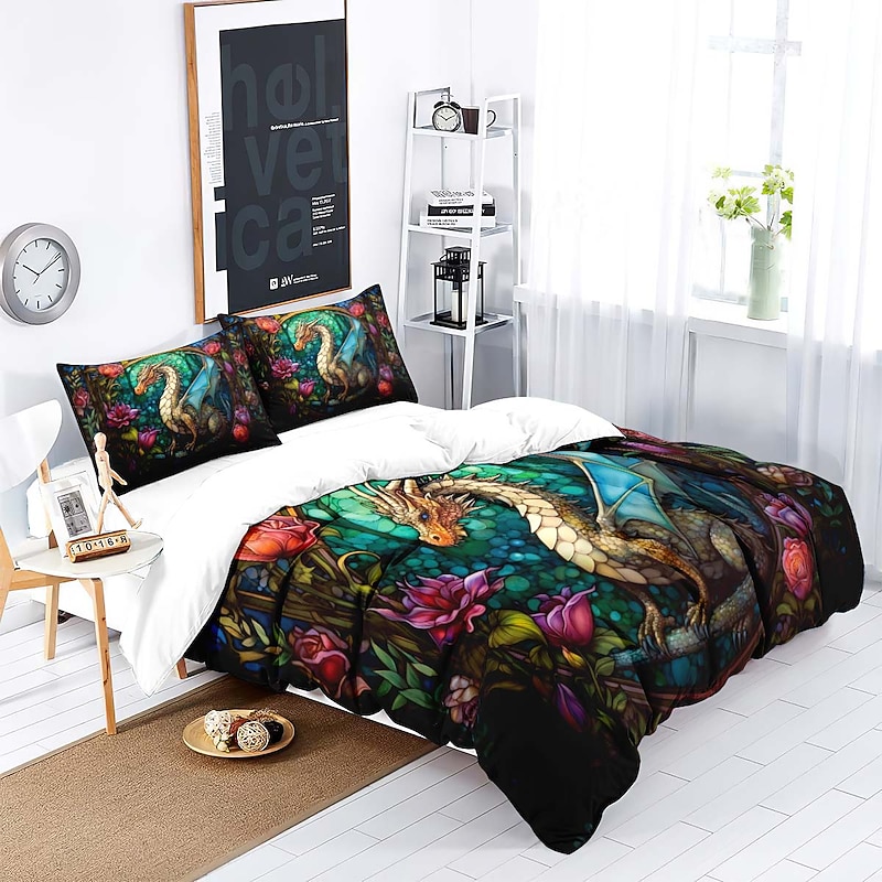 2PCS/3PCS Retro Retro Abstract Fire Dragon Pattern Bed Set Duvet Cover Lightweight and Soft Suitable for Adult and Child Big Bed Small Bed Set3