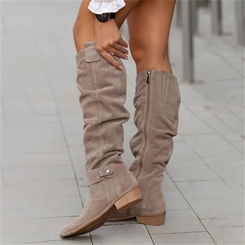 Women's Taupe Suede Slouchy Knee-High Boots with Perforated Design and Buckle Detail, Stylish Casual Footwear for Fall and Winter4