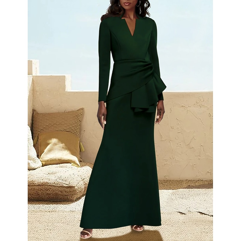 A-Line Mother of the Bride Dress Tuxedo Dress Formal Wedding Guest Elegant V Neck Floor Length Satin Long Sleeve with Ruching