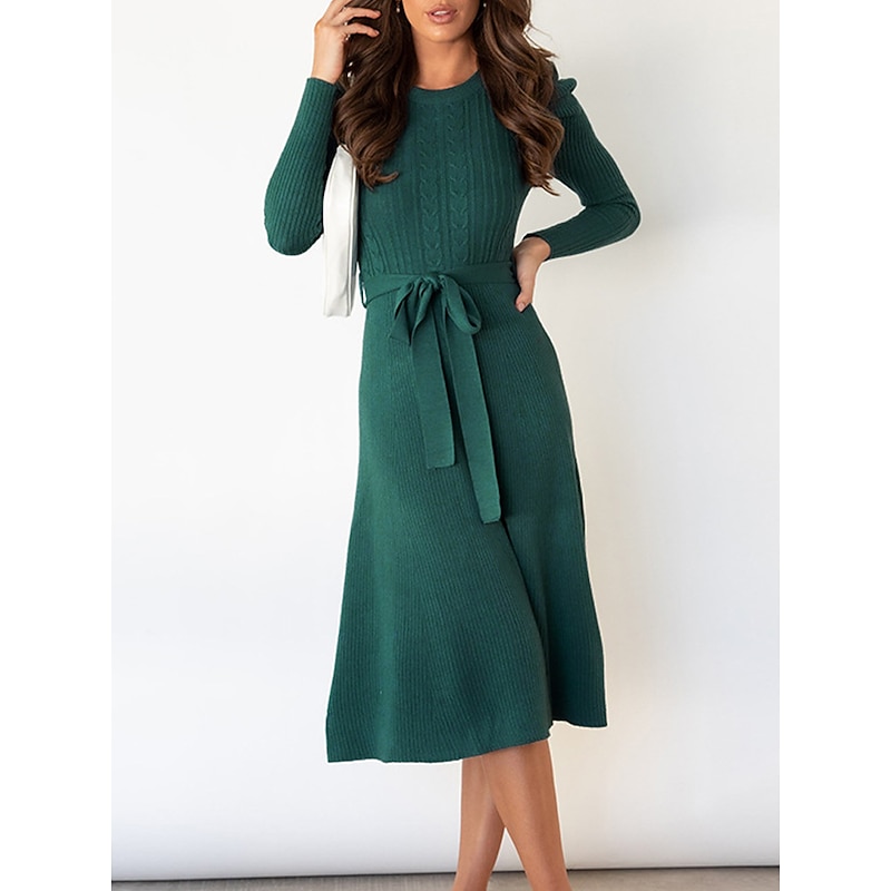 Women's Sweater Dress Knit Dress Jumper Dress Midi Dress Knitwear Fashion Daily Pure Color Outdoor Daily Vacation Going out Crew Neck Long Sleeve Tie Front Ruched 2023 Regular Fit Black Red Green S M4