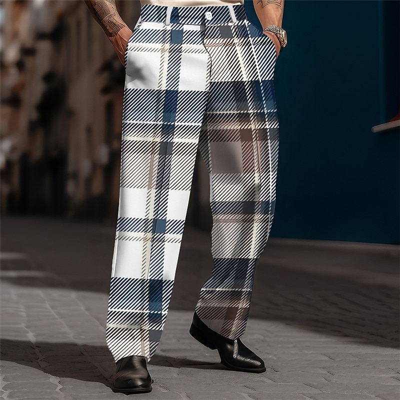 Plaid Business Men's 3D Print Pants Trousers Outdoor Street Wear to work Polyester Blue Purple Brown S M L High Elasticity Pants