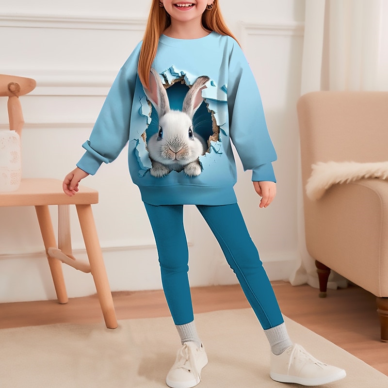 Easter Girls' 3D Rabbit Color Gradient Sweatshirt & Legging Set Set Long Sleeve 3D Print Fall Winter Active Fashion Daily Kids 3-12 Years Crew Neck Outdoor Vacation Date Regular Fit