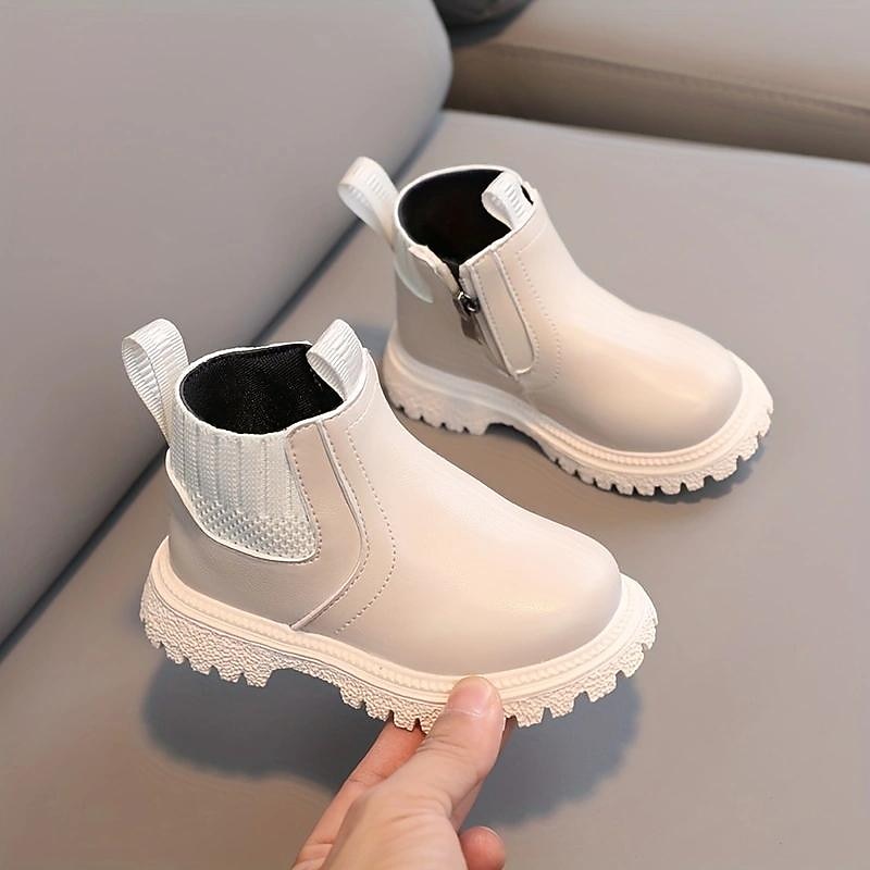 Toddler Girls' White Chelsea Boots, Side Zip Ankle Boots with Knit Detail for Easy Daily Wear - Main Image
