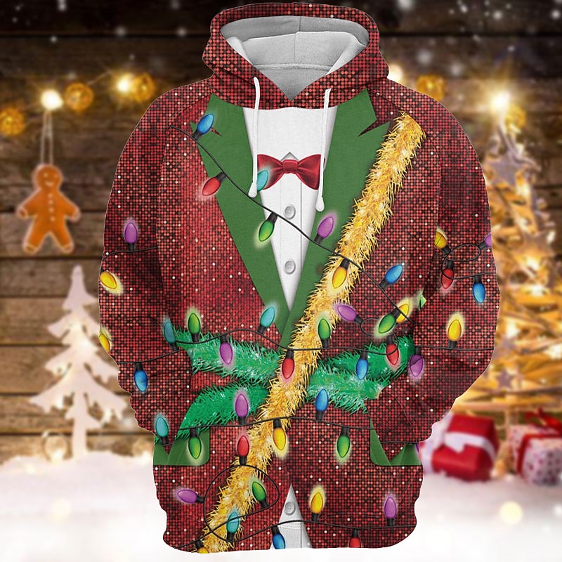 Christmas Men's Christmas Costume 3D Hoodies Graphic Prints Lanterns Daily Classic Casual 3D Pullover Holiday Lights Tuxedo Red Cotton