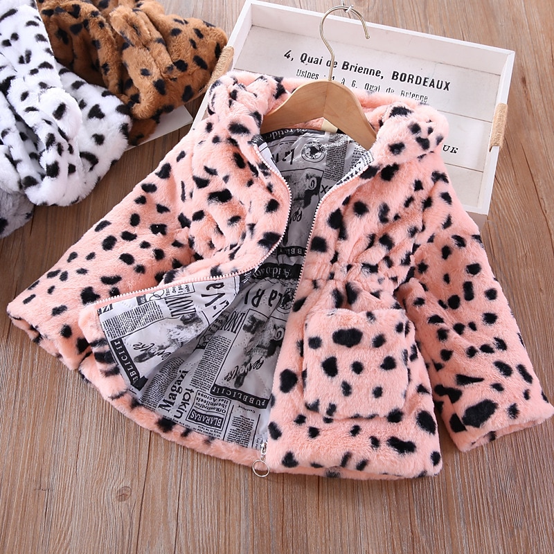 Kids Girls' Faux Fur Coat Color Block Active Pocket School Coat Outerwear 2-8 Years Spring Brown leopard print Pink leopard print Brown cow pattern - Main Image