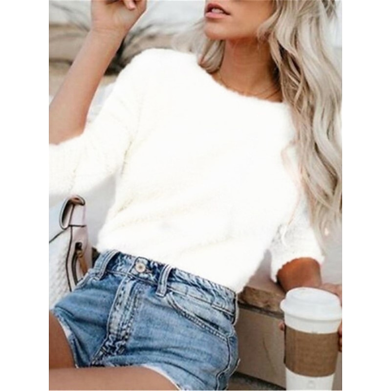 Women's Pullover Sweater Jumper Stylish Casual Soft Pure Color Fuzzy Crew Neck Oversized Long Sleeve Regular Tops Knit Going out Weekend Black White Fall Winter4