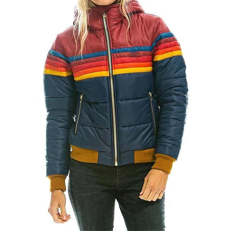 Women's Parka Outdoor Street Daily Fall Winter Regular Coat Regular Fit Windproof Warm Comtemporary Stylish Casual Jacket Long Sleeve Color Block Stripes with Pockets Full Zip Lake blue Black Dark2