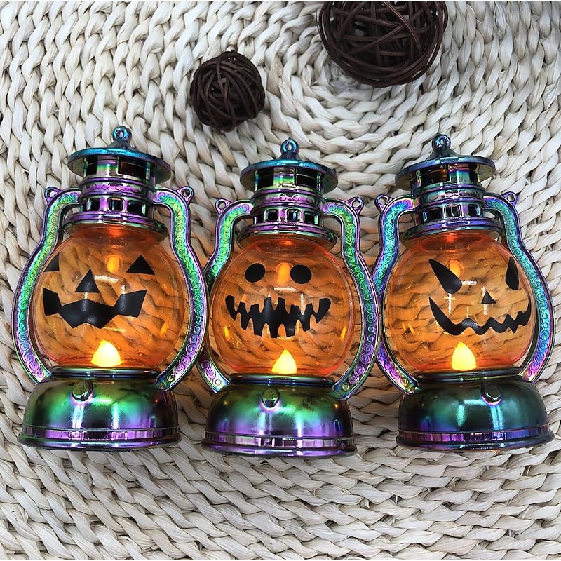 Halloween Decorarions Pumpkin Lamp Retro Small Oil Lamp LED Electronic Candle Portable Pumpkin Lamp Electroplating Magic Color Storm Lantern4