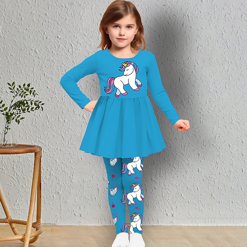 Girls' 3D Unicorn T-shirt & Legging Ruffle Dress Set Long Sleeve 3D Print Fall Winter Active Fashion Daily Kids 3-12 Years Outdoor Vacation Date Regular Fit