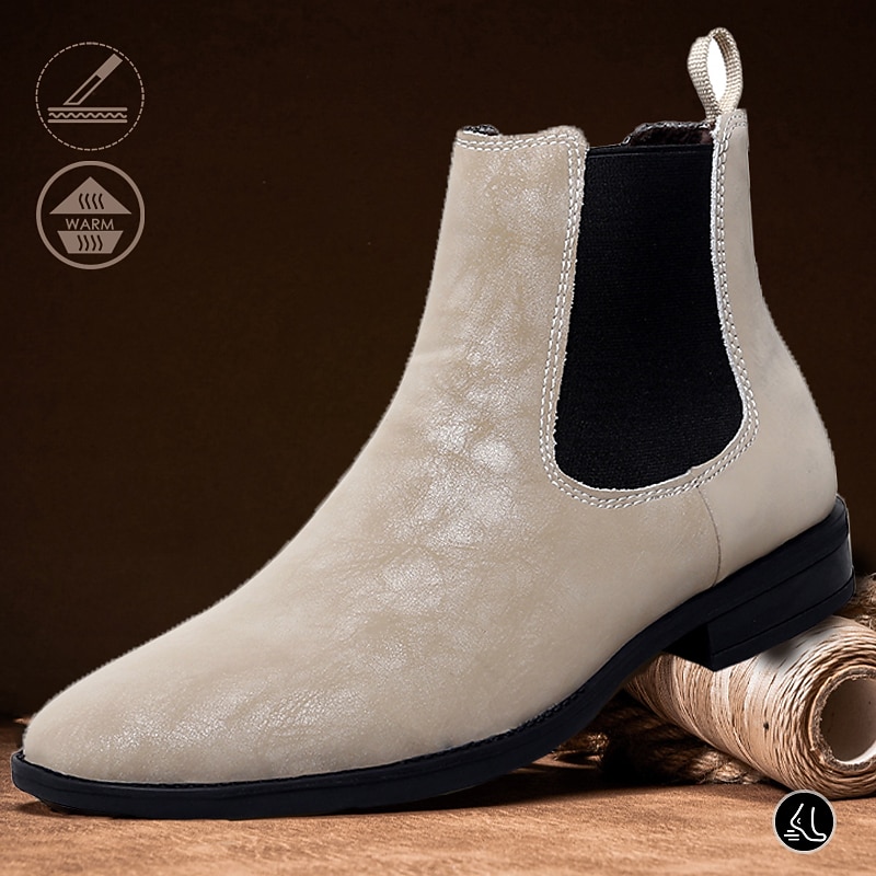 Men's Beige Chelsea Boots – Faux Leather with Elastic Side Panels and Pull-Tab Design for Casual and Semi-Formal Wear