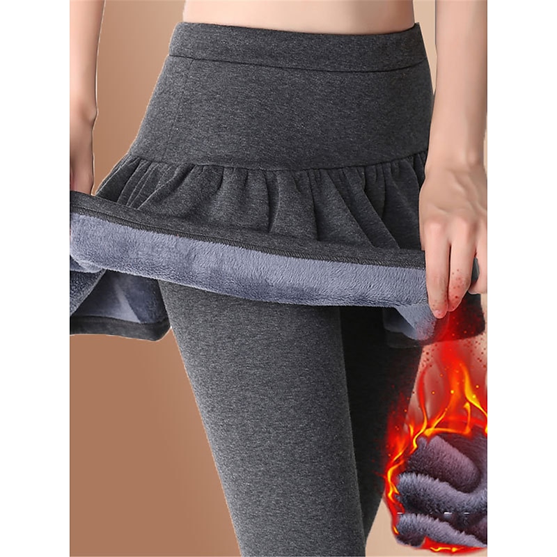 Women's Skort Cozy Fleece Lined Cozy Leggings Fashion Streetwear Full Length High Waist Plain Ruffle 2 in 1 High Cut Comfort Breathability Soft Micro-elastic Vacation Street Daily Ash Black Fall