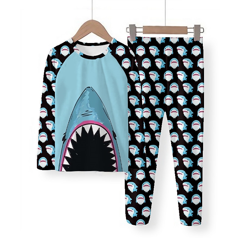 Boys 3D Shark Pajama Sets Long Sleeve 3D Print Fall Winter Fashion Cool Daily Kids 3-12 Years Crew Neck Home Causal Indoor Regular Fit3