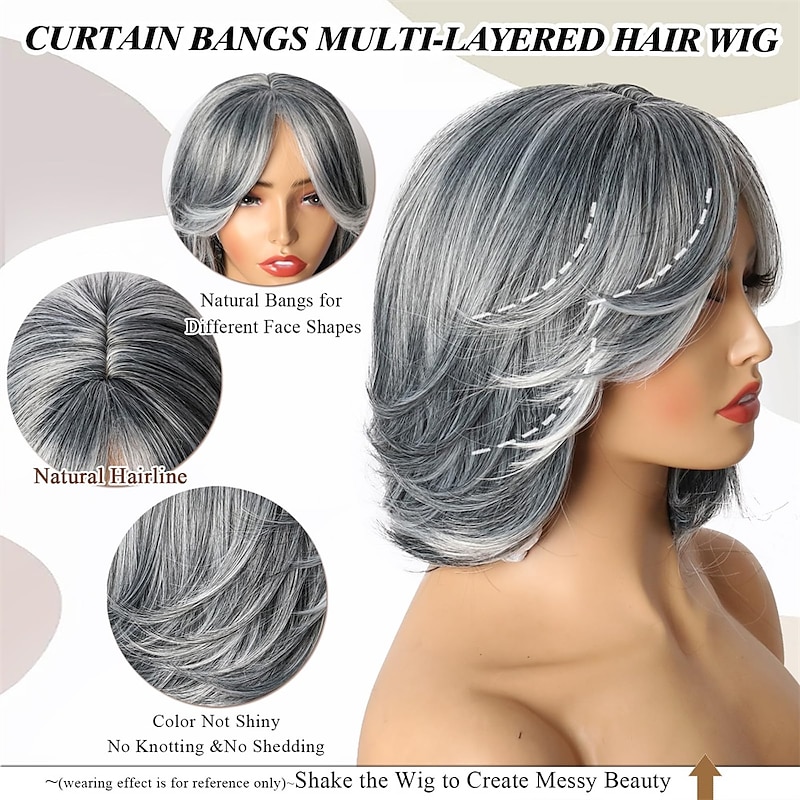 Short Grey Wig With Curtain Bangs Layered Silver Grey Wigs for Women BOB Layered Wigs Pixie Cut Layered Wig Hair Synthetic Hair Wigs2