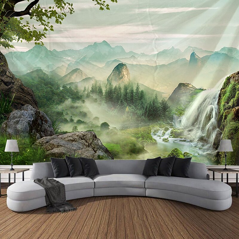 Forest Landscape Waterfall Hanging Tapestry Wall Art Large Tapestry Mural Decor Photograph Backdrop Blanket Curtain Home Bedroom Living Room Decoration2