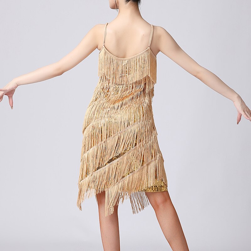 Latin Dance Dress Pure Color Splicing Paillette Women's Performance Training Sleeveless High Polyester3