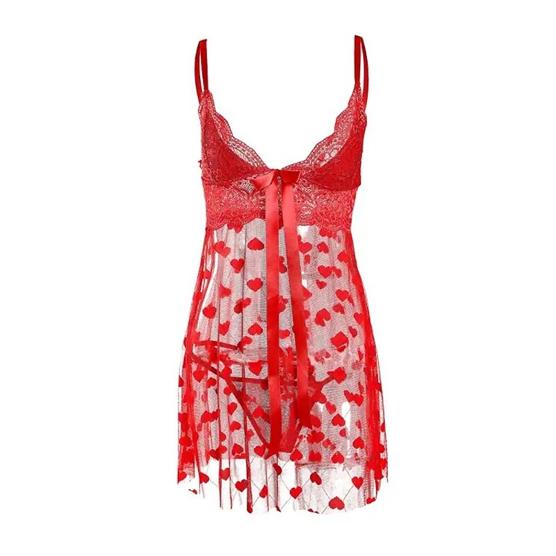Women's Valentine Night Dress Sexy Lingerie Lace Slip Dress Mini Dress Hollow Out Heart V Neck Lounge Red Home Outfits Date Night Outfit3
