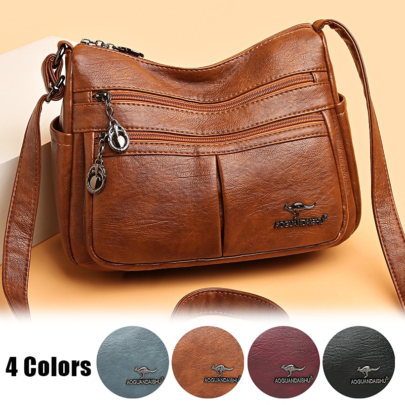 Women's Faux Leather Crossbody Bag - Multi-Pocket Shoulder Handbag with Zipper Closure for Everyday Casual Use