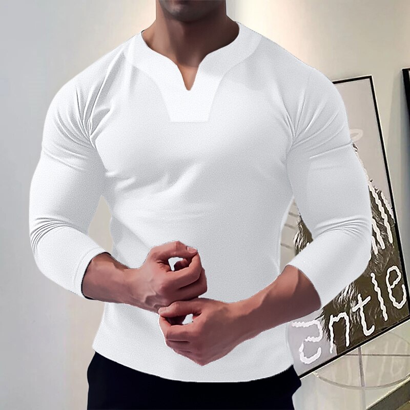 Men's T Shirt Tee Top Long Sleeve Shirt Long Sleeve V Neck Spring &  Fall Plain Fashion Designer Basic Vacation Street Going out Black White Navy Blue Top Tee for Men