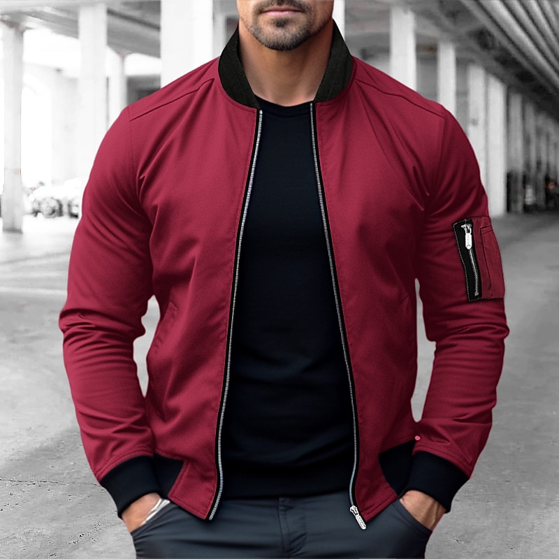 Men's Bomber Jacket Varsity Jacket Outdoor Sport Warm Pocket Fall Winter Plain Fashion Streetwear Stand Collar Short Black Blue Red & White Green Khaki Jacket2