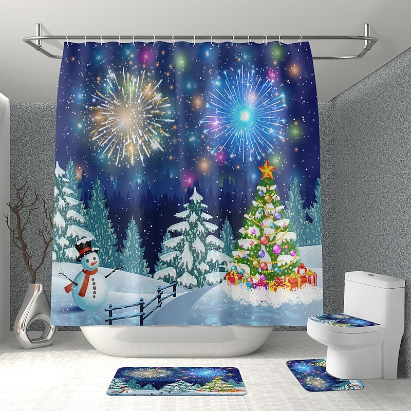 Christmas Decoration Shower Curtain with Hooks Bathroom Decor Waterproof Fabric Shower Curtain Set（4pcs include U Shape Rug, Toilet Lid Cover, Bath Mat,180*180cm Shower Curtain ）