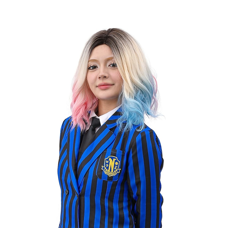 Ombre Blonde Pink And Blue Wig Short Wavy Side Part Hair Adults Women Girls Cosplay Wigs For Party Gift Halloween Wigs2