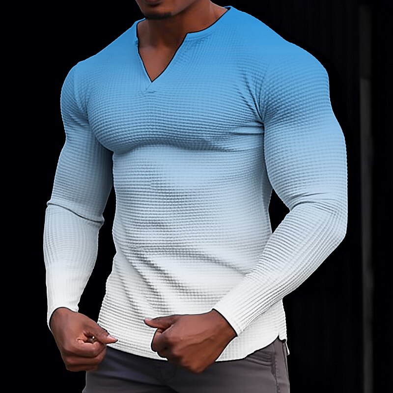 Men's T Shirt Henley Shirt Waffle Knit Tee Tee Top Long Sleeve V Neck Spring &  Fall Gradient Fashion Designer Basic Vacation Street Going out Black Blue Orange Top Tee for Men2