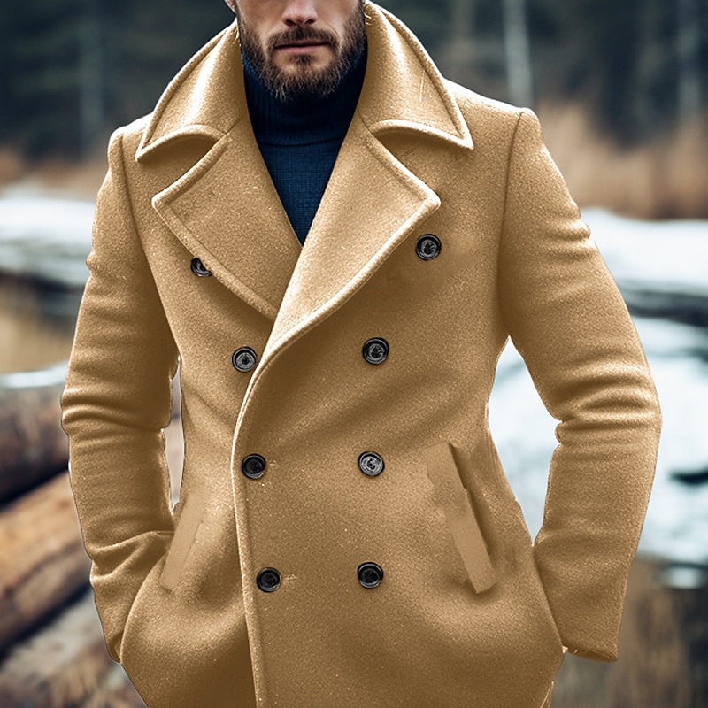 Men's Winter Coat Peacoat Trench Coat Outdoor Daily Wear Fall & Winter Polyester Thermal Warm Windbreaker Outerwear Clothing Apparel Fashion Streetwear Plain Lapel Double Breasted
