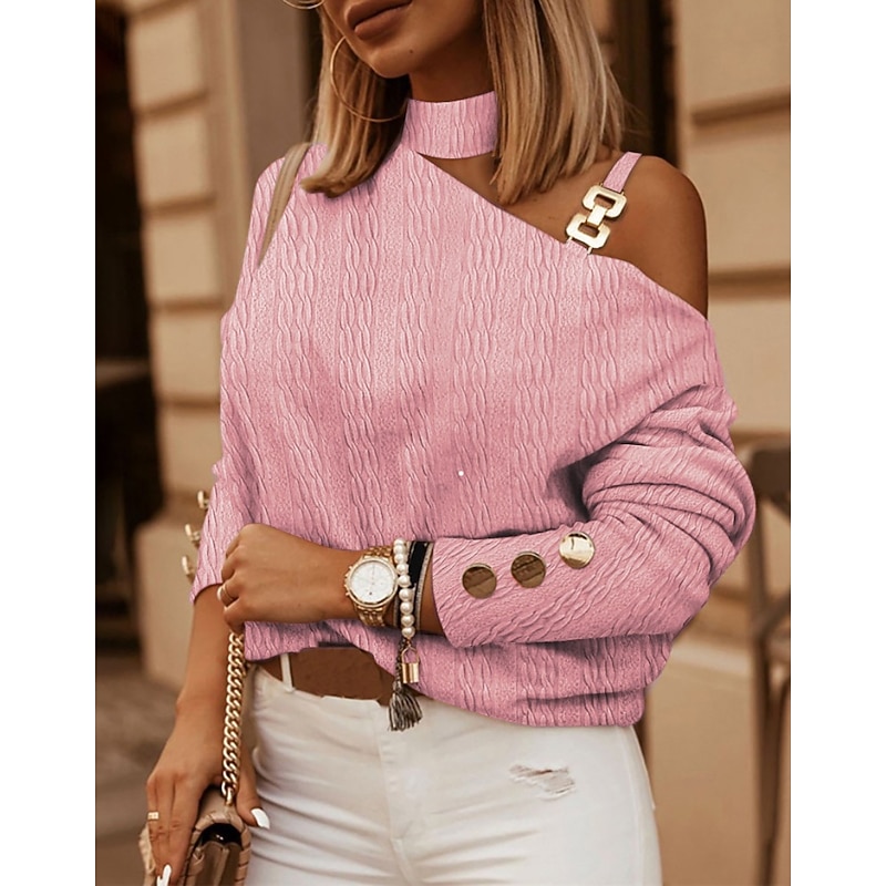 Women's Shirt Blouse Fashion Cut Out Long Sleeve Regular Tops Turtleneck High Neck Casual Black White Pink Blue Khaki Spring &  Fall