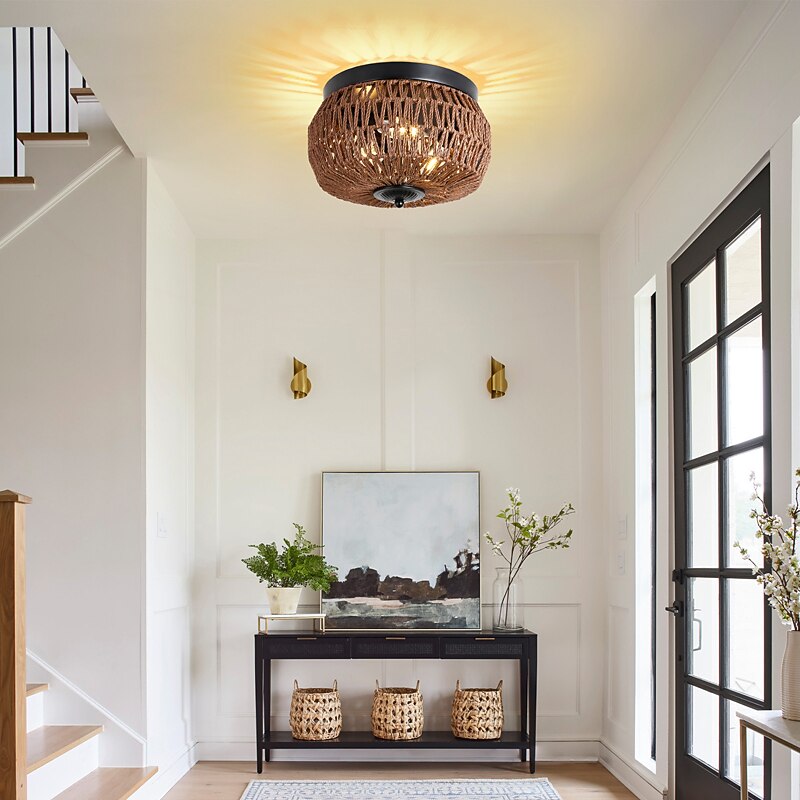 Boho Lamp Fixture Ceiling Light Rattan Mini Pendant Light Woven Rattan Ceiling Light for Small Bedroom Hallway Entry Kitchen Island Farmhouse Bathroom 110-240V2