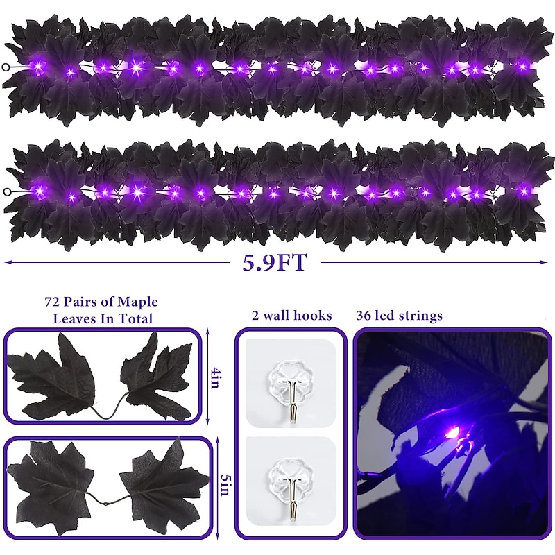 Black Garland Halloween 10FT Black Vines Maple Leaf with Purple Lights for Fireplace Stairs Party Hanging Decor3