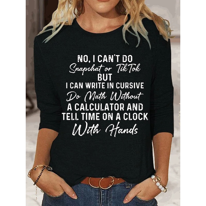 Women's T shirt Long Sleeve Letter Behavior Fashion Long Sleeve Crew Neck Regular Tops Daily Print Black Pink Blue Green Khaki Spring & Fall Spring, Fall, Winter,  Prefall2