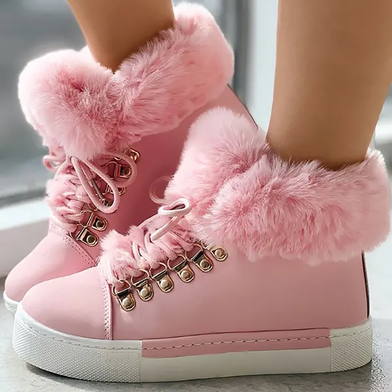 Women's Pink Faux Fur Lined High-Top Sneakers - Warm and Cozy Winter Casual Shoes3