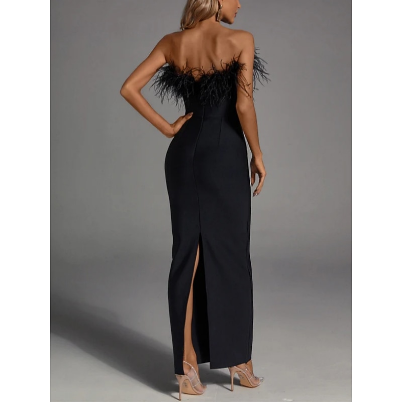 Sheath Black Feather Dress Evening Gown Elegant Dress Formal Black Tie Ankle Length Sleeveless Strapless Spandex with Feather Slit Masquerade Dress2