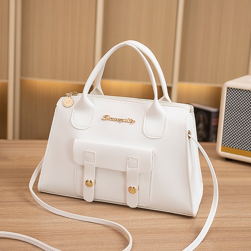 Women's White Faux Leather Handbag with Top Handle and Front Buckle Detail – Elegant Structured Satchel for Office, Travel, and Daily Use