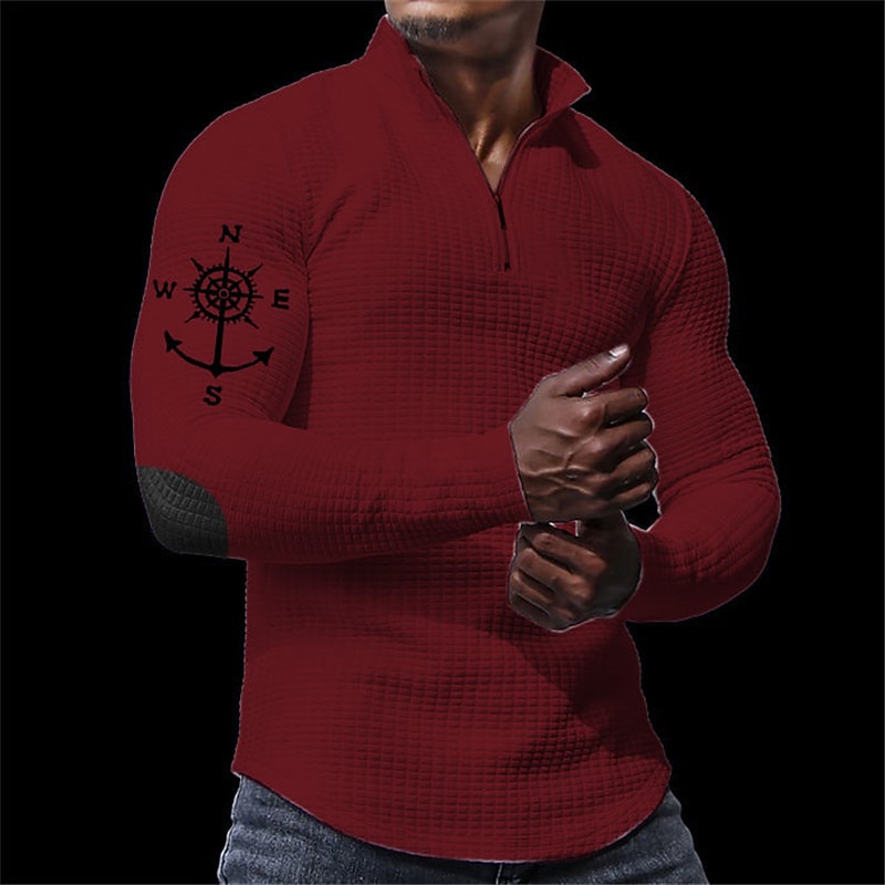 Men's Waffle Polo Shirts Zip Polo Golf Polos Shirts Long Sleeve Polo Shirts Zip Vintage Casual Daily 3D Print Fall & Winter Black White Wine3