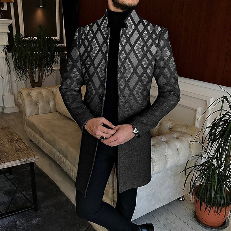 Men's Geometry Winter Coat Overcoat Coat Warm Comfortable Breathable Business Casual Work Wear to work Going out Pocket Print Fall & Winter Stand Collar Long Sleeve Black Blue Gray2