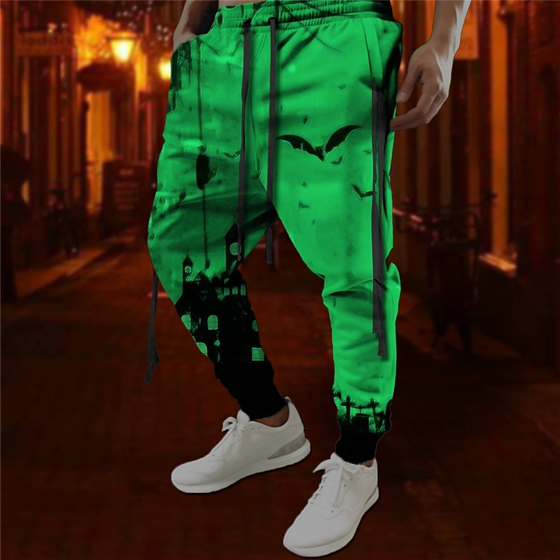 Bat Gothic Halloween Men's 3D Print Sweatpants Pants Trousers Halloween Halloween Polyester Red Orange Green S M L Mid Waist Elasticity Pants3
