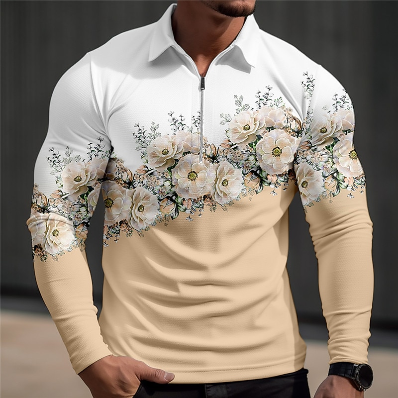Kentucky Derby Men's Floral Hawaiian Polo Shirts Golf Shirt Long Sleeve Polo Shirts Collared Shirts Casual Beach Wear Vacation Wear Tropical Wear Party Outfits 3D Print Quarter Zip Polo Fall & Winter4