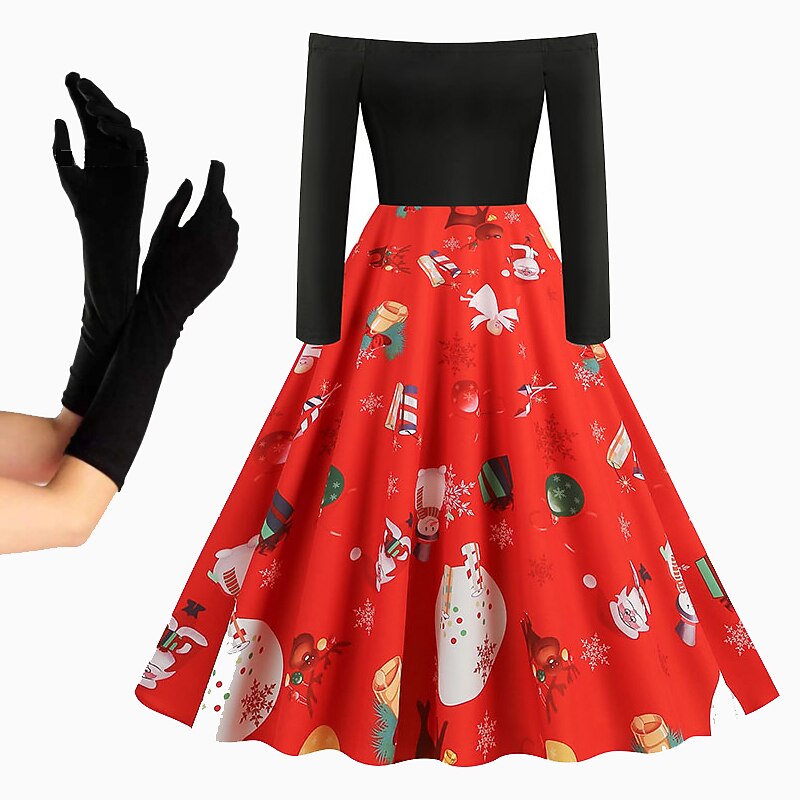1950s Christmas flare Midi Knee Length Dress Christmas Dress Prom Dress Santa Suit Off Shoulder Floral Print Christmas Printing Ball Gown Fancy Dress Women's Christmas Masquerade Christmas Christmas3