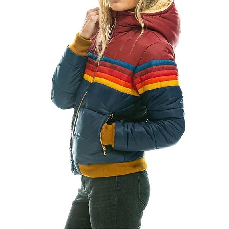 Women's Parka Outdoor Street Daily Fall Winter Regular Coat Regular Fit Windproof Warm Comtemporary Stylish Casual Jacket Long Sleeve Color Block Stripes with Pockets Full Zip Lake blue Black Dark3