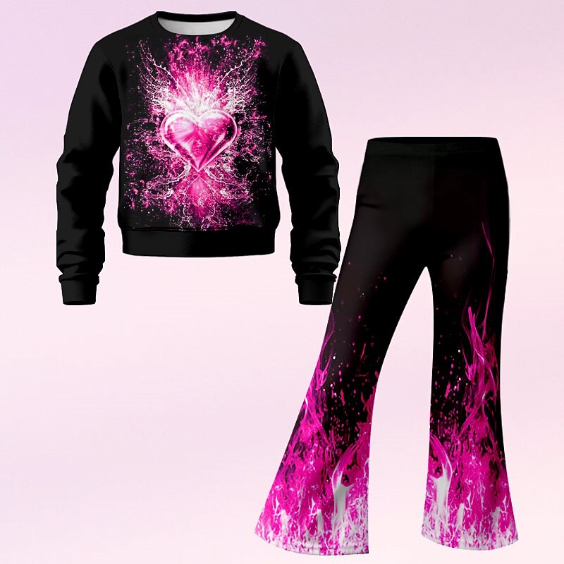Girls' 3D Heart Set Sweatshirt & Flare Pants Set Long Sleeve 3D Print Fall Winter Active Fashion Daily Kids 4 years+ Crew Neck Outdoor Vacation Date Regular Fit2