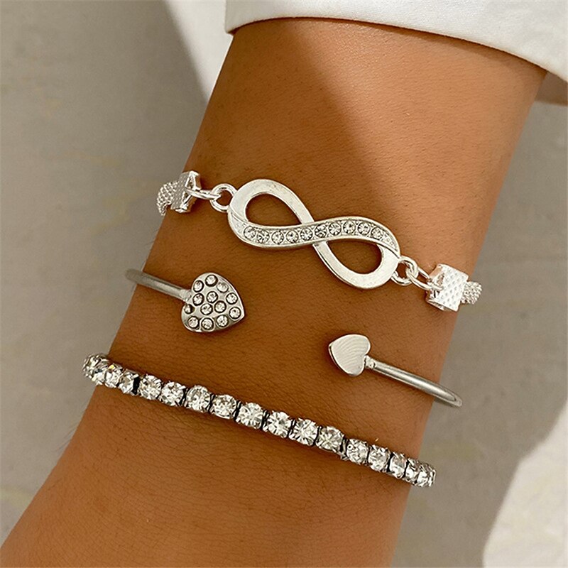 3pcs/set Cuff Bracelet Layered Sweet Heart Infinity Fashion Personalized Luxury Rhinestone Bracelet Jewelry Gold For Wedding Gift Daily Birthday Mother's Day3