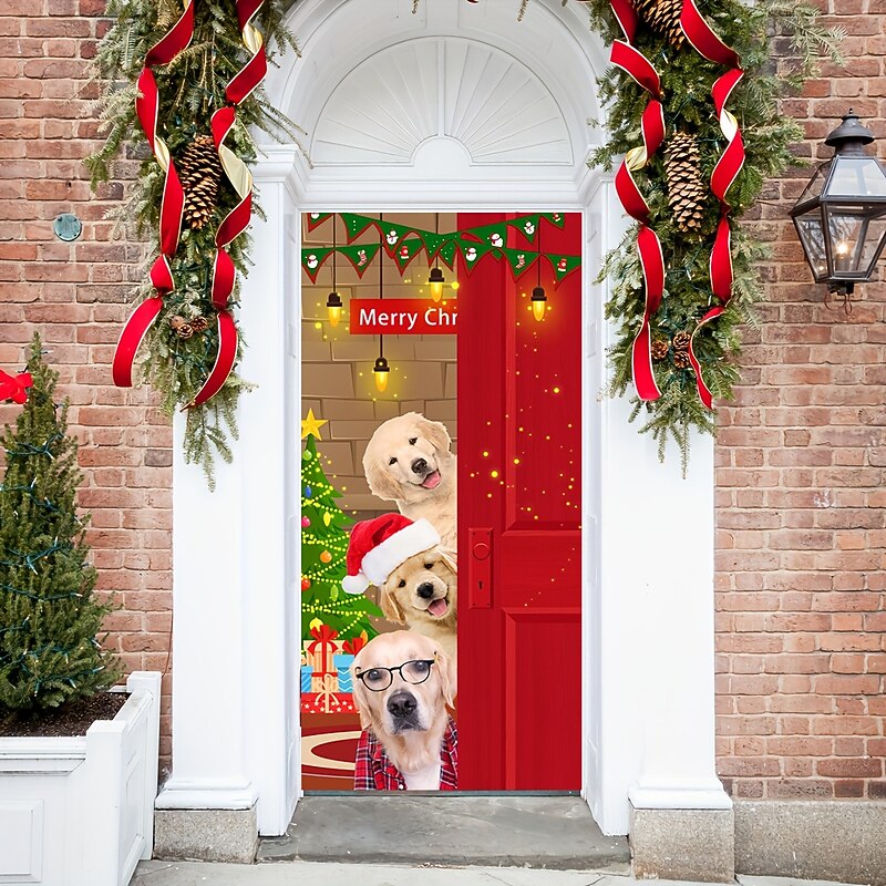 Christmas Door Decorations Dogs Animal Farmhouse Door Covers Door Tapestry Door Curtain Decoration Xmas Backdrop Door Banner for Front Door Holiday Party Decor Supplies4