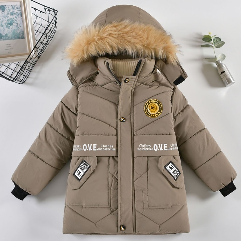 Kids Boys Down Coat Outerwear Solid Color Long Sleeve Coat Outdoor Cool Adorable Daily Black Blue Brown Winter 3-7 Years4