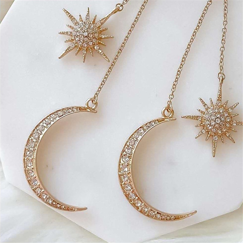 1pair Exaggerated Luxury Sun Moon Drop Earrings Rhinestone Punk Earrings for Women Jewelry Golden Boho Vintage Earrings3