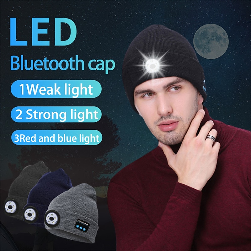Bluetooth Beanie Hat with Lights Microphones Rechargeable Headlamp Cap Wireless Headphones Gifts for Men Women Dad Teen2
